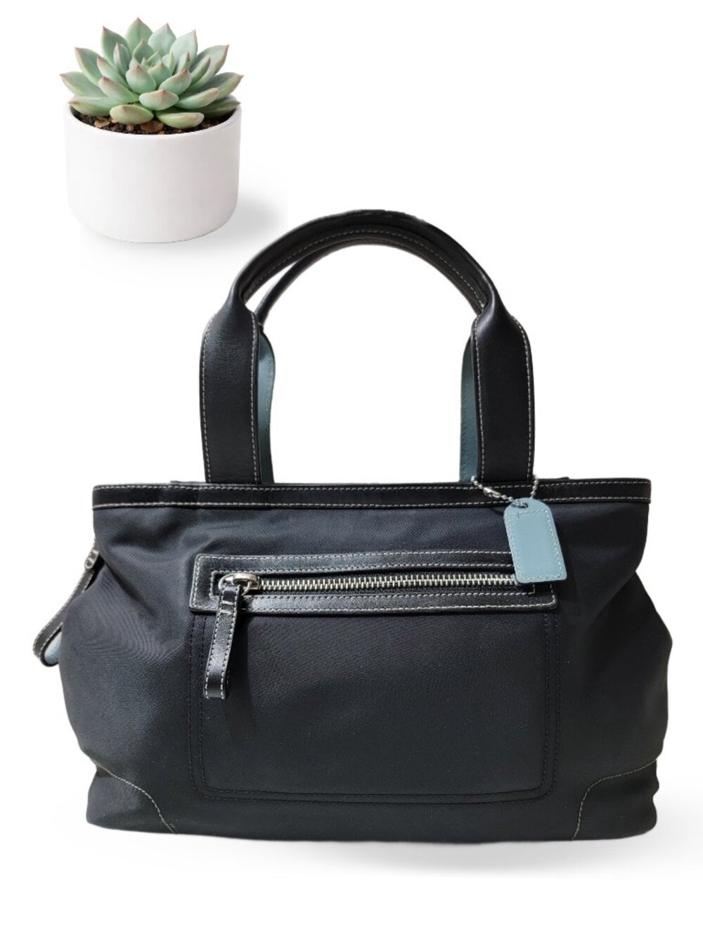 Coach Hamptons 4275 Nylon Tote Black Blue Leather Trim Zip Top Shoulder Bag